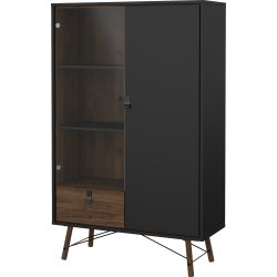 Serveline vitrineskab 2 døre/1 skuffe, sort/valnød