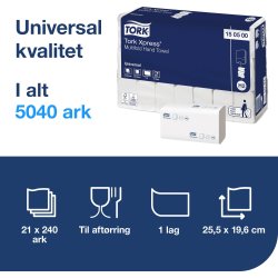 Tork H2 Uni Håndklædeark Z-fold, 1-lags, 21 pk