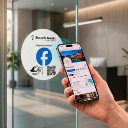 Skilt m/chip selvklæb rund, eget logo, Facebook