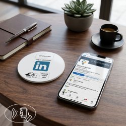 Skilt m/chip selvklæb rund, eget logo, LinkedIn