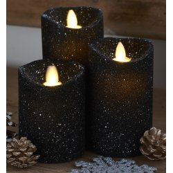 Sara LED vokslys, Sort glitter, 3 stk.