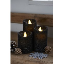 Sara LED vokslys, Sort glitter, 3 stk.