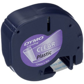 Dymo Letratag labeltape 12mm, sort på klar
