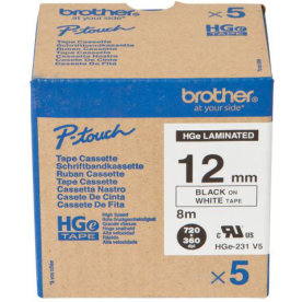 Brother HGe231V5 labeltape 12mm, sort på hvid