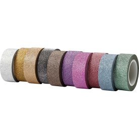 Glittertape, 15 mm, 10 rl, ass. farver