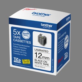 Brother TZe tape 12mm x 8m, sort/hvid, 5 stk.