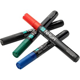 NAGA glastavle marker, 4.5mm, sort/rød/grøn/blå