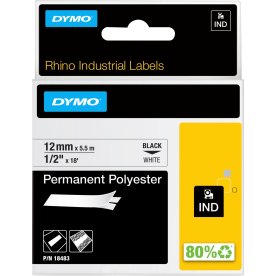Dymo Rhino labeltape, 12mm, sort på hvid