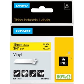 Dymo Rhino Vinyltape 19mm, sort på gul