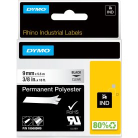 Dymo RHINO Permanent Polyester 9mm, sort på klar