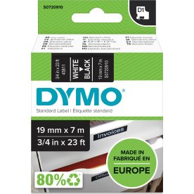 Dymo D1 labeltape 19mm, hvid på sort