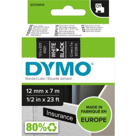 Dymo D1 labeltape 12mm, hvid på sort