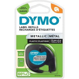 Dymo Letratag labeltape 12mm, sort på sølv