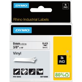 Dymo Rhino Vinyltape 9mm, sort på hvid