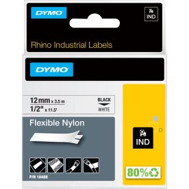 Dymo Rhino fleksibelt tape 12mm, sort på hvid