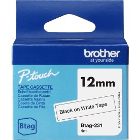 Brother BTAG-231 labeltape, 12mm, sort på hvid