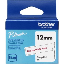 Brother BTAG-232 labeltape, 12mm, rød på hvid