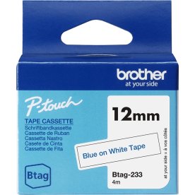 Brother BTAG-233 labeltape, 12mm, blå på hvid