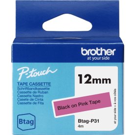 Brother BTAG-P31 labeltape, 12mm, sort på lyserød