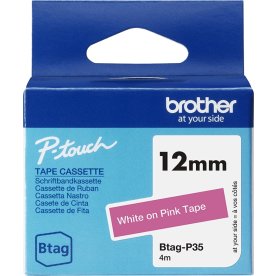 Brother BTAG-P35 labeltape, 12mm, hvid på lyserød