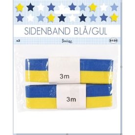 Satinbånd, blå/gul, 25mm, 2x3m.
