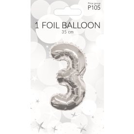 Folieballon, sølv, 3-tal, 35 cm