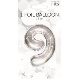 Folieballon, sølv, 9-tal, 35 cm
