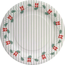 Engangsstallerken, DK flag med blade, Ø18cm, 8 stk