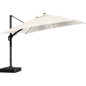 Hængeparasol 3,5x3,5m,fod,hjul,overtræk,LED,beige