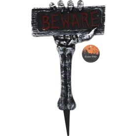 "Beware"-Skilt m. Skeletarm, fast jordspyd, plast