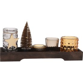Fyrfadslys holder sæt, træ/glas