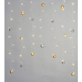 LED-lysgardin m/Julekugler, 74 LED, guld & sølv