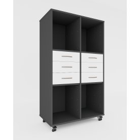 Stay reol m/6 rum og 6 hvide skuffer, m/ hjul
