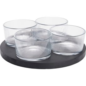Skålesæt, 4 glasskåle, sort træbakke