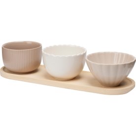 Skålesæt, 3 stentøjsskåle, bambusbakke