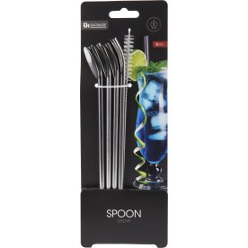 Sugerør med ske, rustfrit stål, 4 sugerør+børste