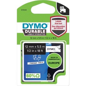 Dymo D1 Durable labeltape 12mm, hvid på sort
