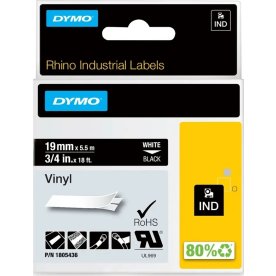 Dymo Rhino Vinyl labels, 19mm X 5.5M, hvid på sort